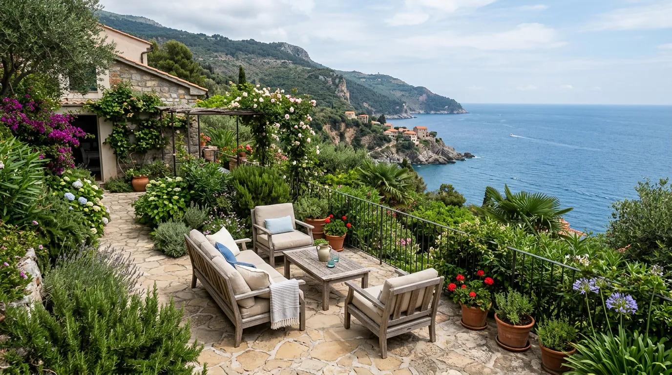 Private garden with terrace overlooking seaside, green plants, comfortable seating area, peaceful coastal setting