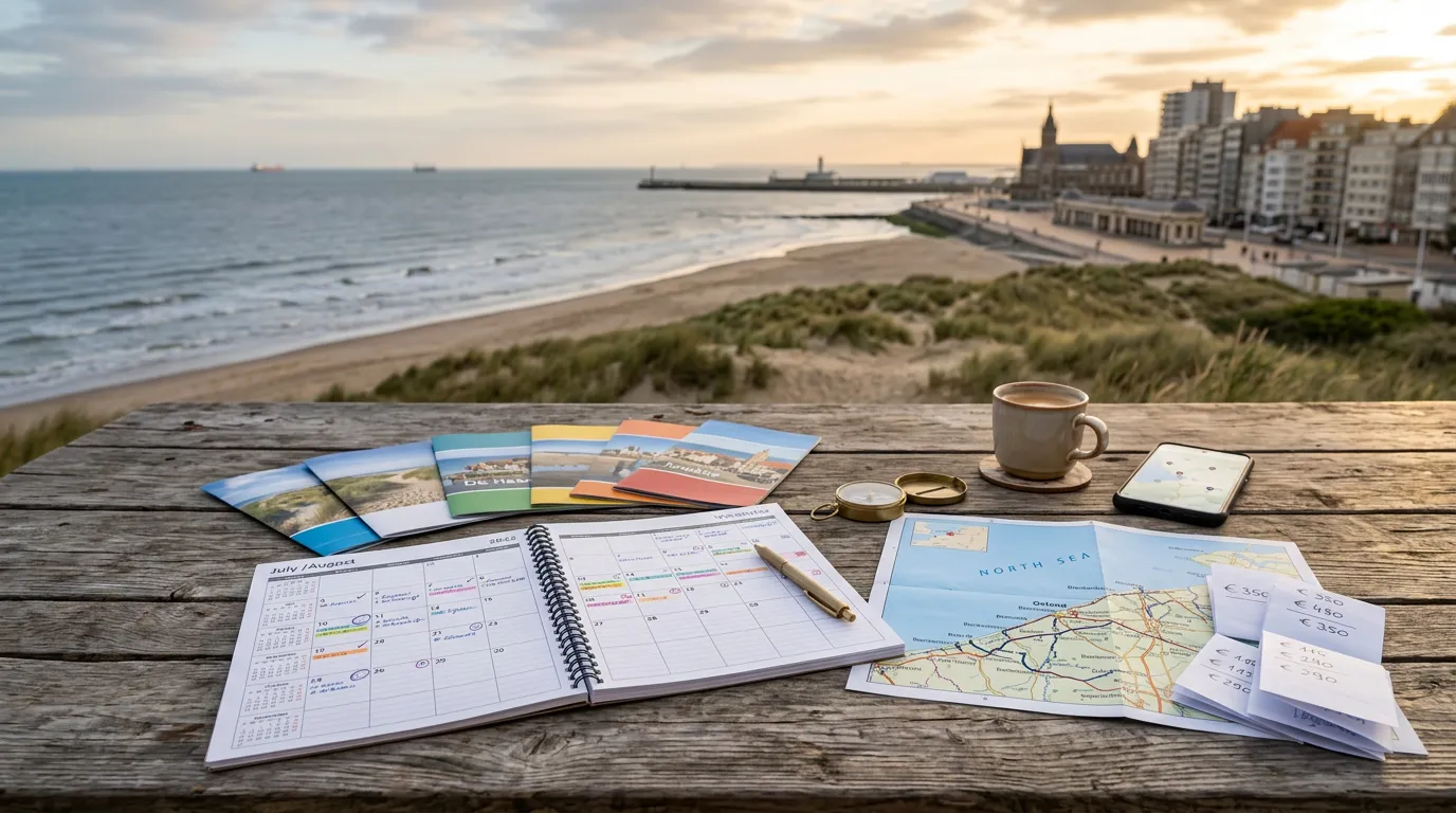 Vacation planning concept with calendar and pricing information spread on wooden table, Belgian coast scenery background